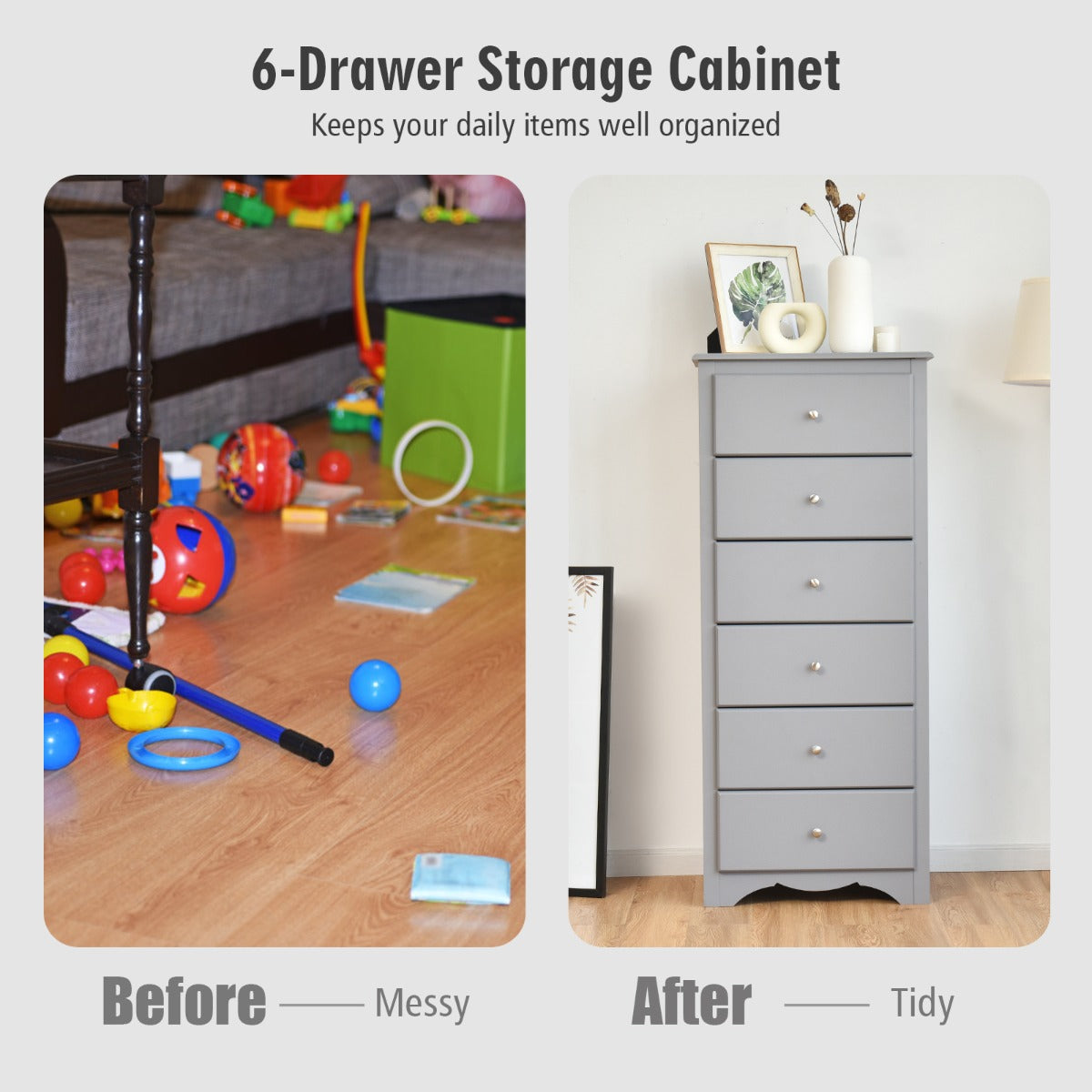 Costway 6 Drawer Chest with Mental Knobs for Living Room-Grey