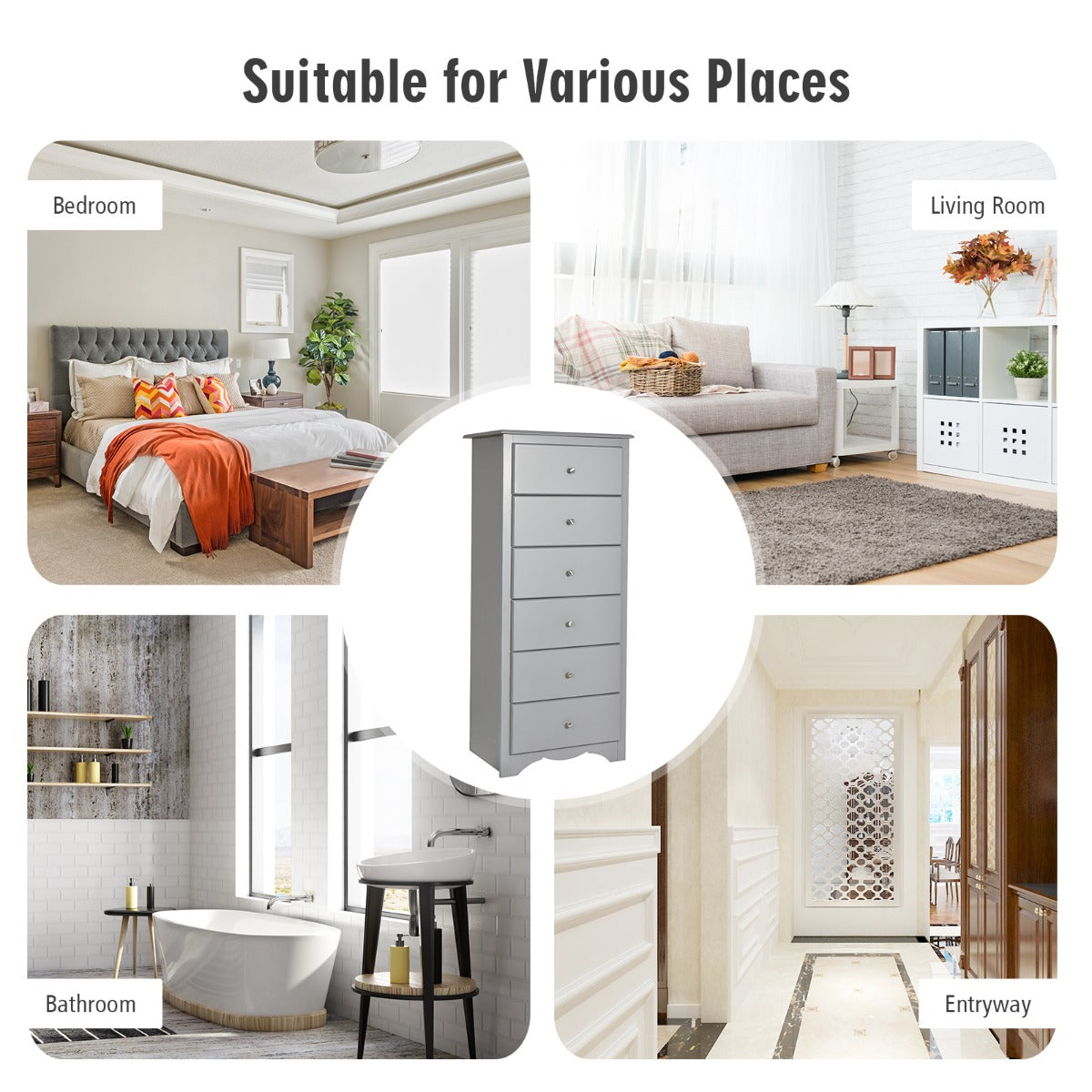 Costway 6 Drawer Chest with Mental Knobs for Living Room-Grey