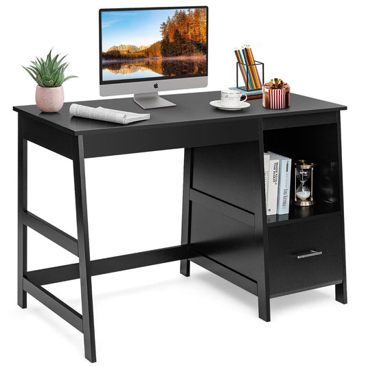 Two drawers and a large shelf organize office supplies, laptops, books, and everyday essentials