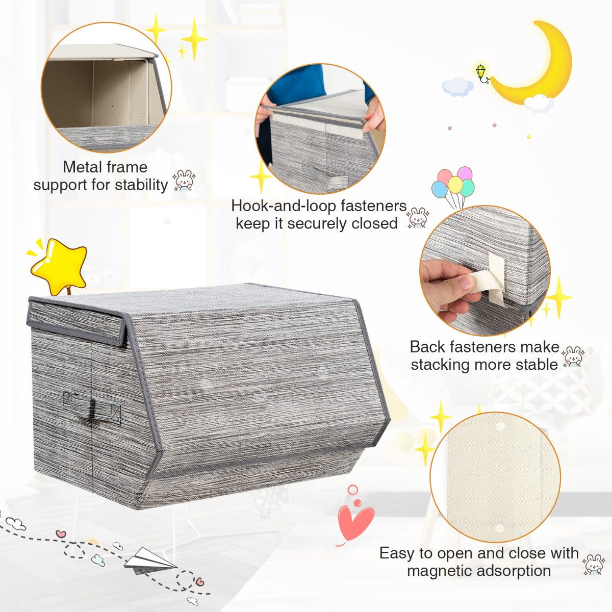 Large Stackable Bins Cubes with Lids Storage Organizers-Grey