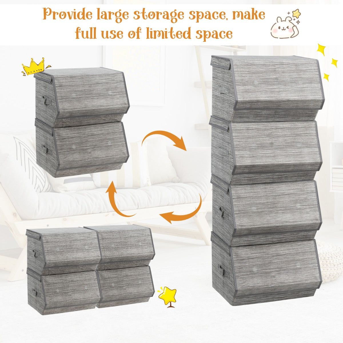Large Stackable Bins Cubes with Lids Storage Organizers-Grey