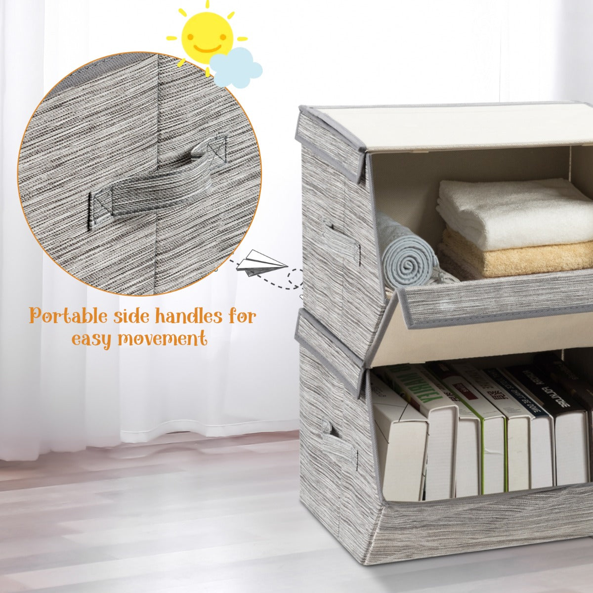 Large Stackable Bins Cubes with Lids Storage Organizers-Grey