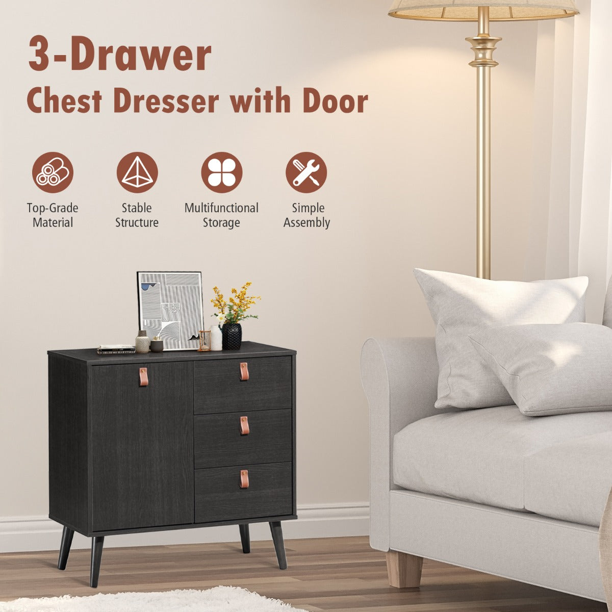 3-Drawer Chest Dresser with Anti-Toppling Device for Living Room-Coffee