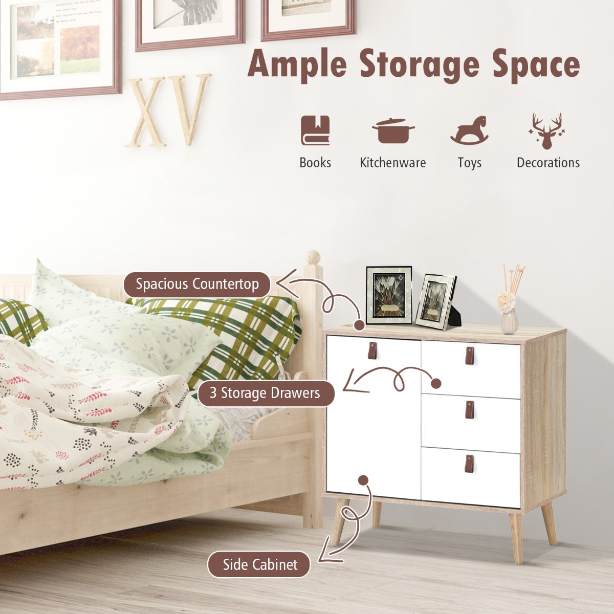 3-Drawer Chest Dresser with Anti-Toppling Device for Living Room-Natural