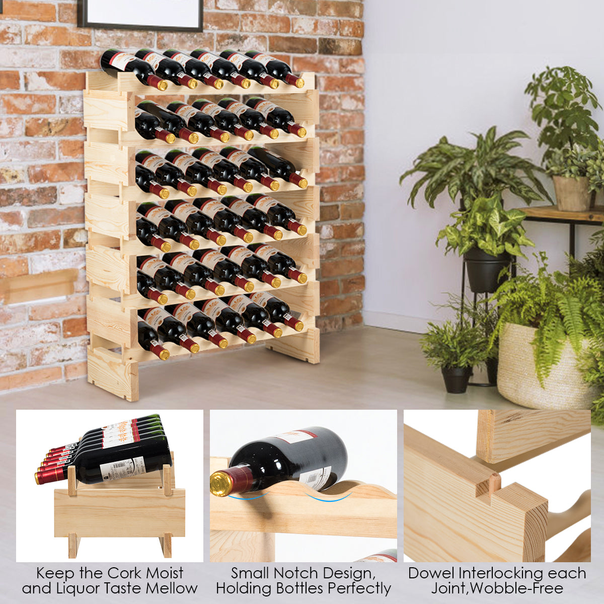 36-Bottles 6-Tier Display Stackable Wood Wine Rack for for Bar, Wine Cellar