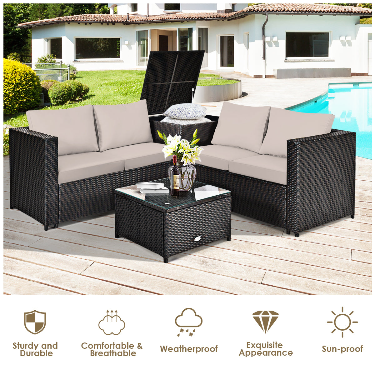 Weather-resistant rattan resists cracking and fading when exposed to moderate outdoor conditions