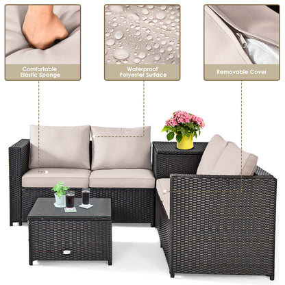 Costway 4 Pieces Outdoor Rattan Furniture Set with Cushioned Loveseat Storage Table for Patio
