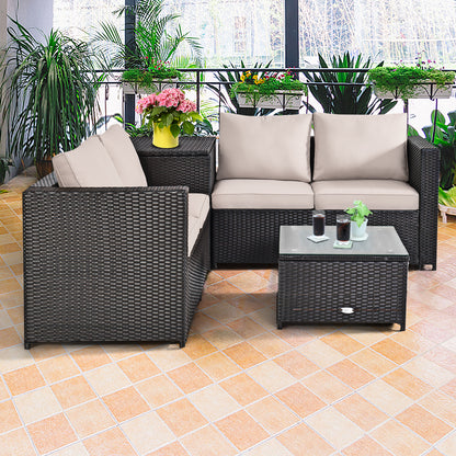 Costway 4 Pieces Outdoor Rattan Furniture Set with Cushioned Loveseat Storage Table for Patio