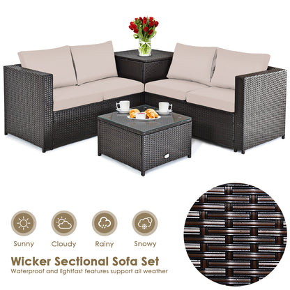 Costway 4 Pieces Outdoor Rattan Furniture Set with Cushioned Loveseat Storage Table for Patio