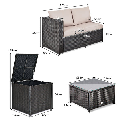 Costway 4 Pieces Outdoor Rattan Furniture Set with Cushioned Loveseat Storage Table for Patio