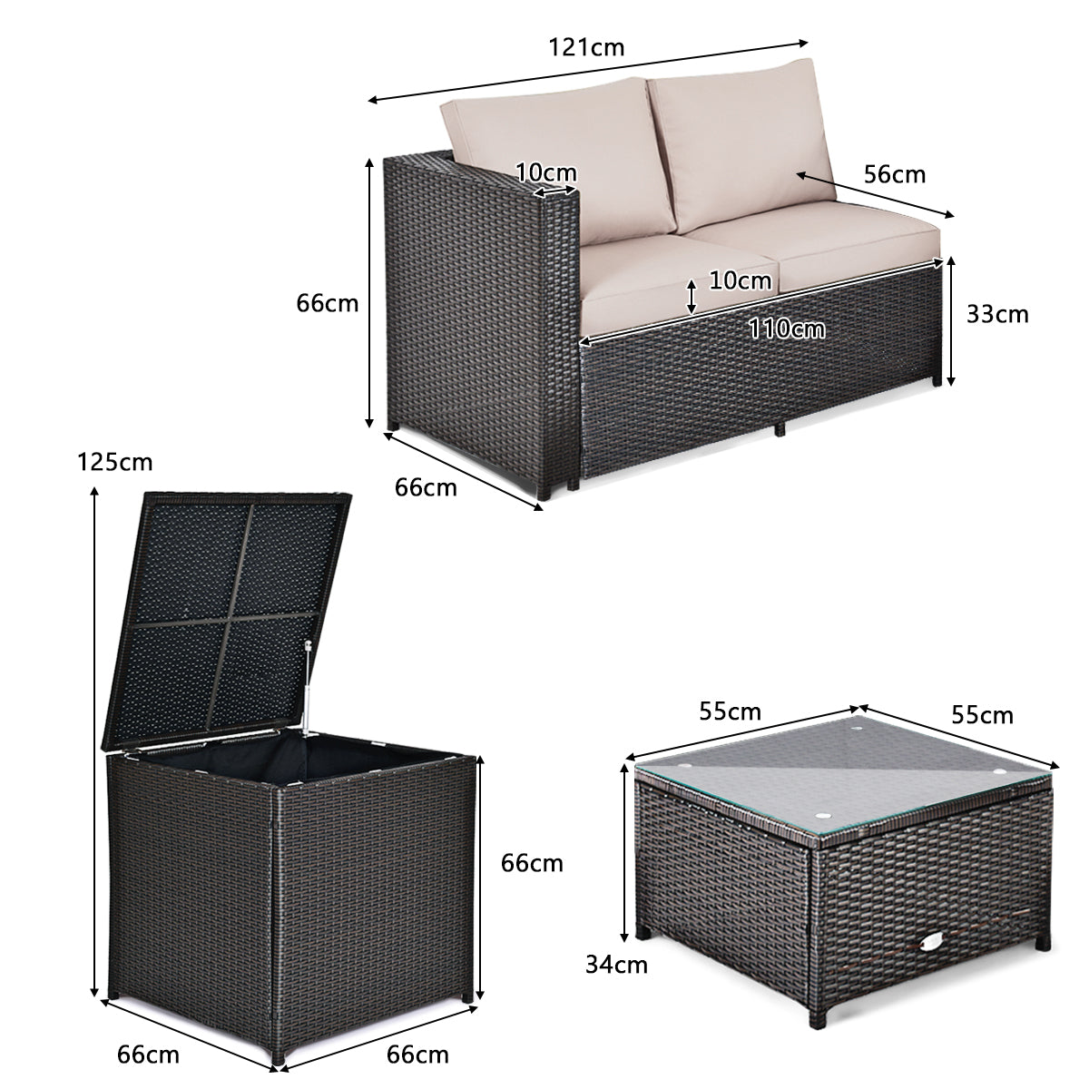 Four-piece rattan sofa set includes a middle sofa, two armrest chairs, and a glass coffee table
