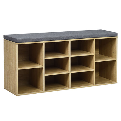 10-Cube Natural Shoe Bench with Padded Cushions and Adjustable Shelves-Natural