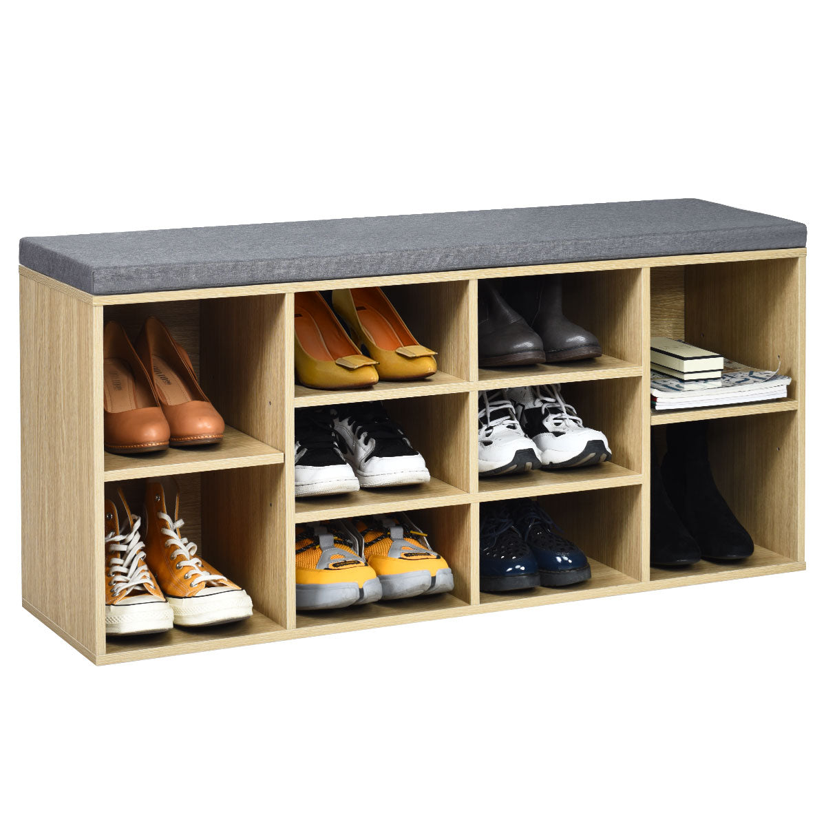 10-Cube Natural Shoe Bench with Padded Cushions and Adjustable Shelves-Natural