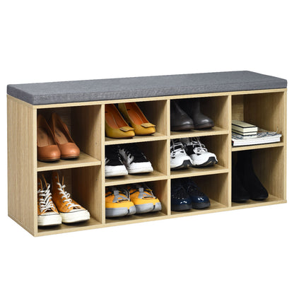10-Cube Natural Shoe Bench with Padded Cushions and Adjustable Shelves-Natural
