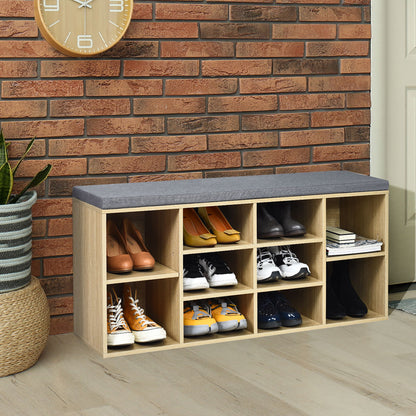10-Cube Natural Shoe Bench with Padded Cushions and Adjustable Shelves-Natural