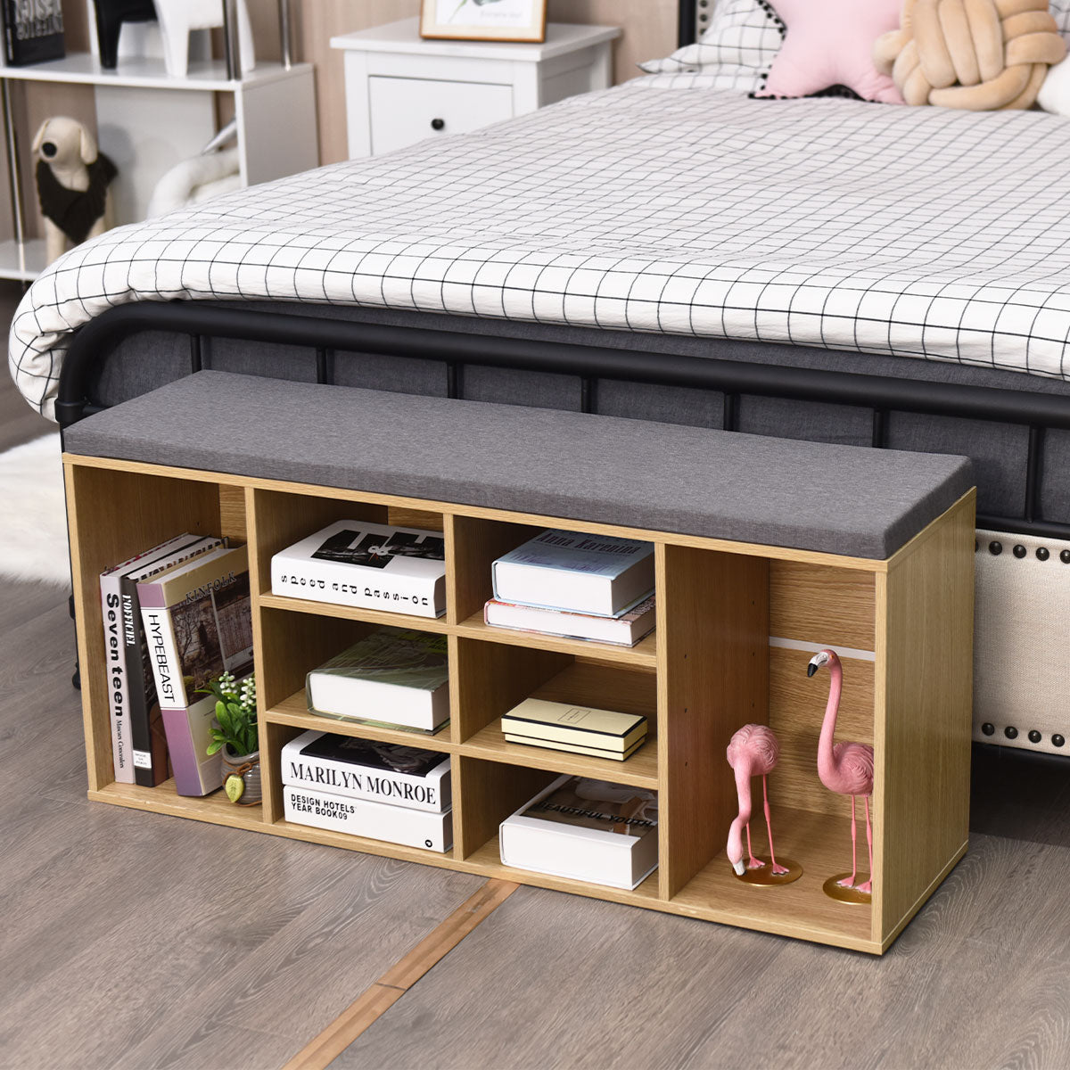 10-Cube Natural Shoe Bench with Padded Cushions and Adjustable Shelves-Natural