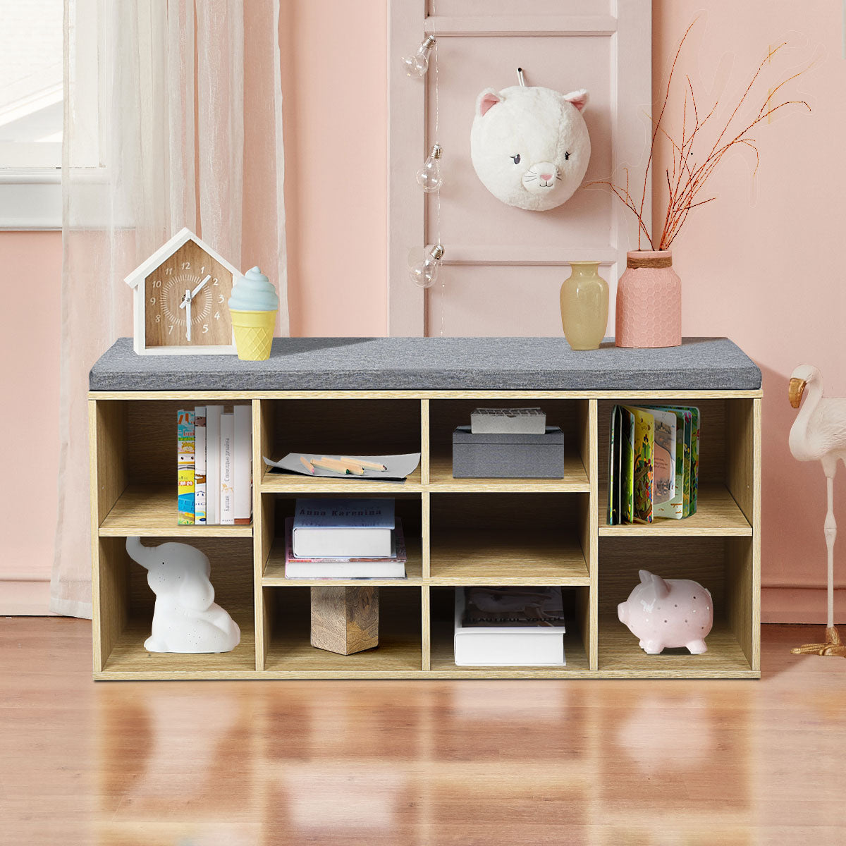 10-Cube Natural Shoe Bench with Padded Cushions and Adjustable Shelves-Natural