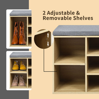 10-Cube Natural Shoe Bench with Padded Cushions and Adjustable Shelves-Natural