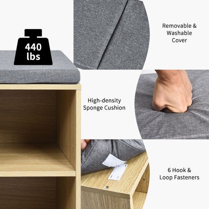10-Cube Natural Shoe Bench with Padded Cushions and Adjustable Shelves-Natural