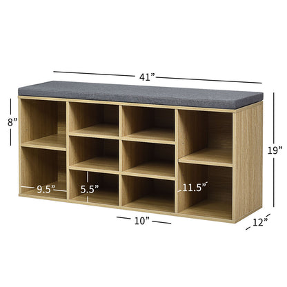 10-Cube Natural Shoe Bench with Padded Cushions and Adjustable Shelves-Natural