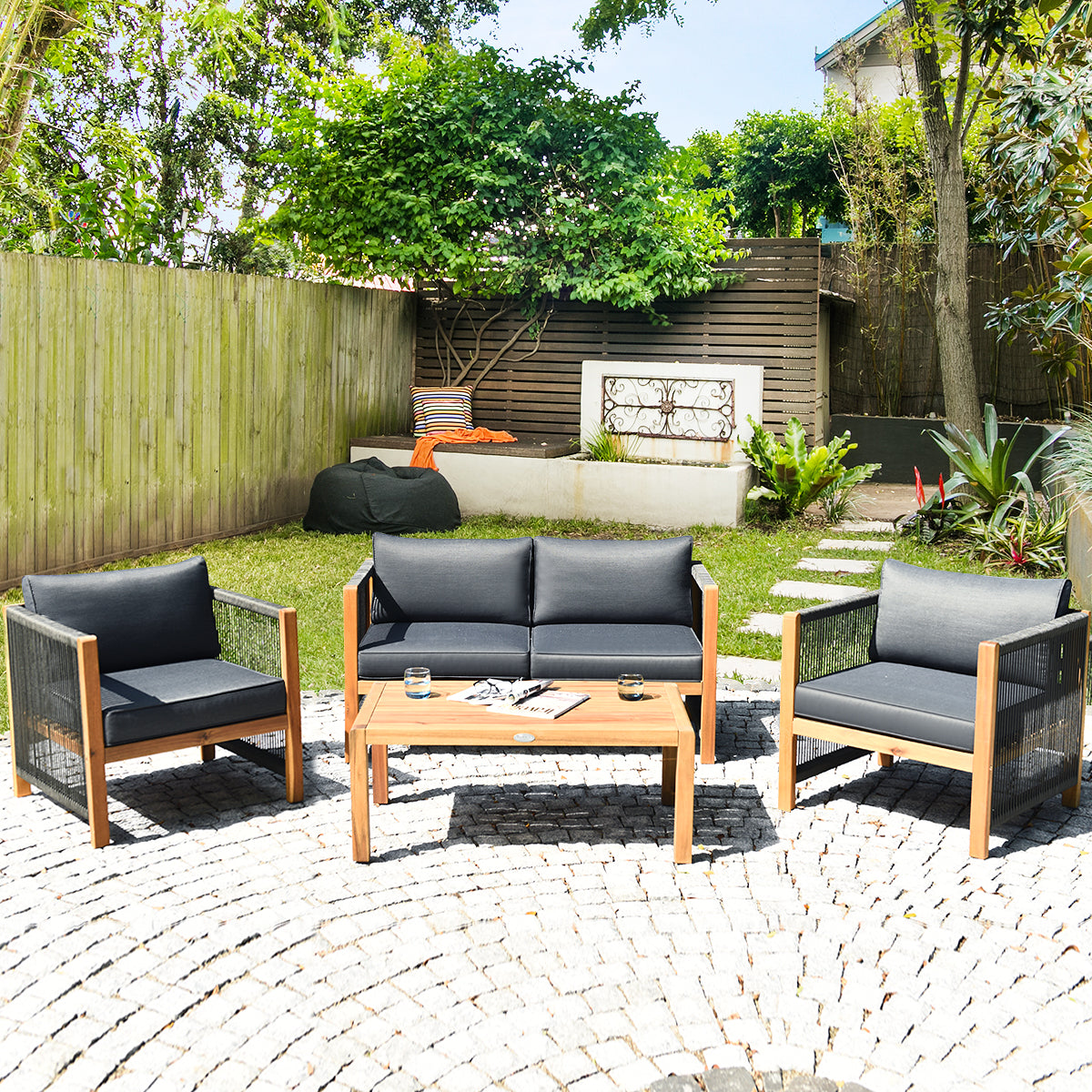 4 Pieces Acacia Wood Patio Conversation Set with Armrest