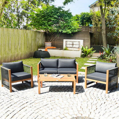 4 Pieces Acacia Wood Patio Conversation Set with Armrest