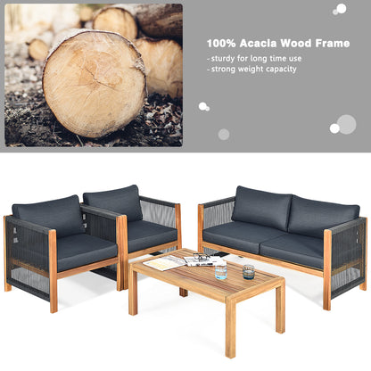 4 Pieces Acacia Wood Patio Conversation Set with Armrest