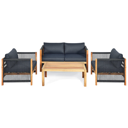 4 Pieces Acacia Wood Patio Conversation Set with Armrest