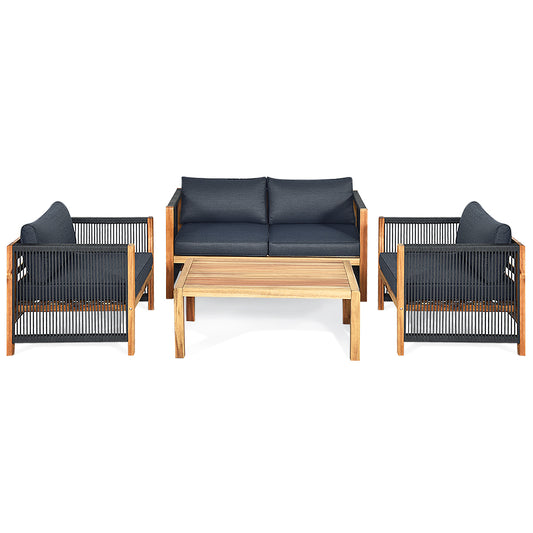 4 Pieces Acacia Wood Patio Conversation Set with Armrest