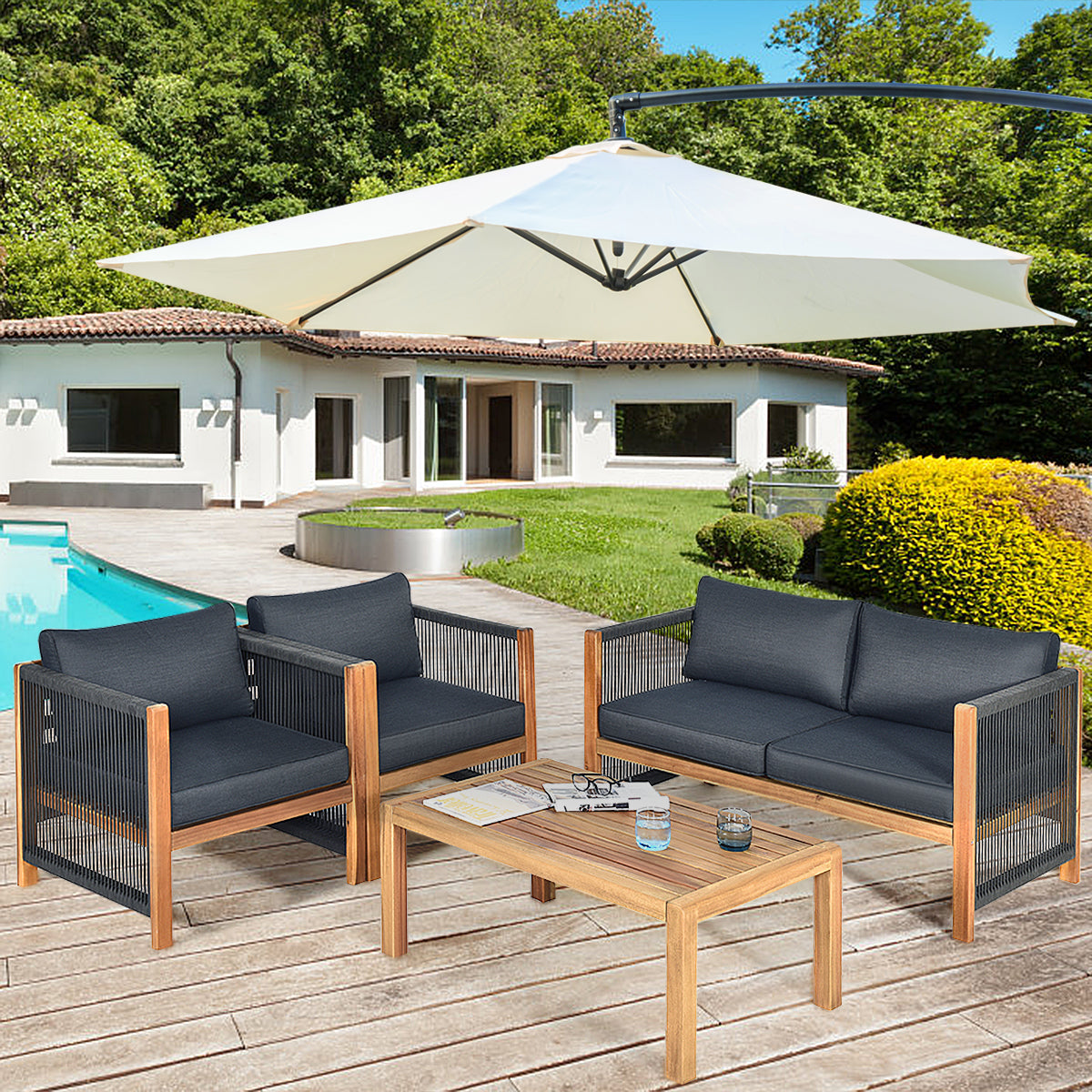 4 Pieces Acacia Wood Patio Conversation Set with Armrest