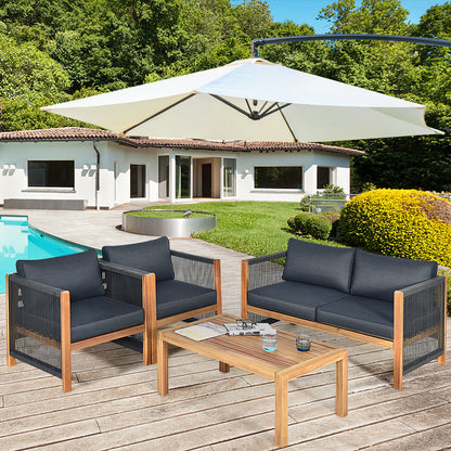 4 Pieces Acacia Wood Patio Conversation Set with Armrest