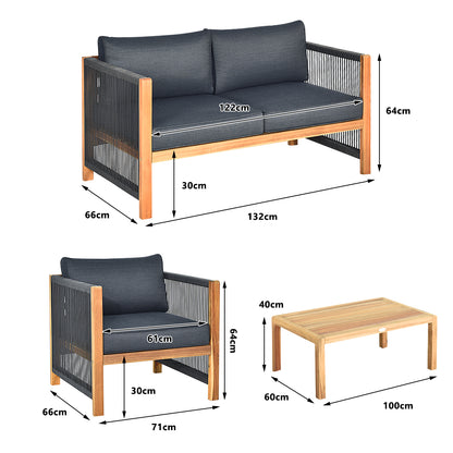 4 Pieces Acacia Wood Patio Conversation Set with Armrest
