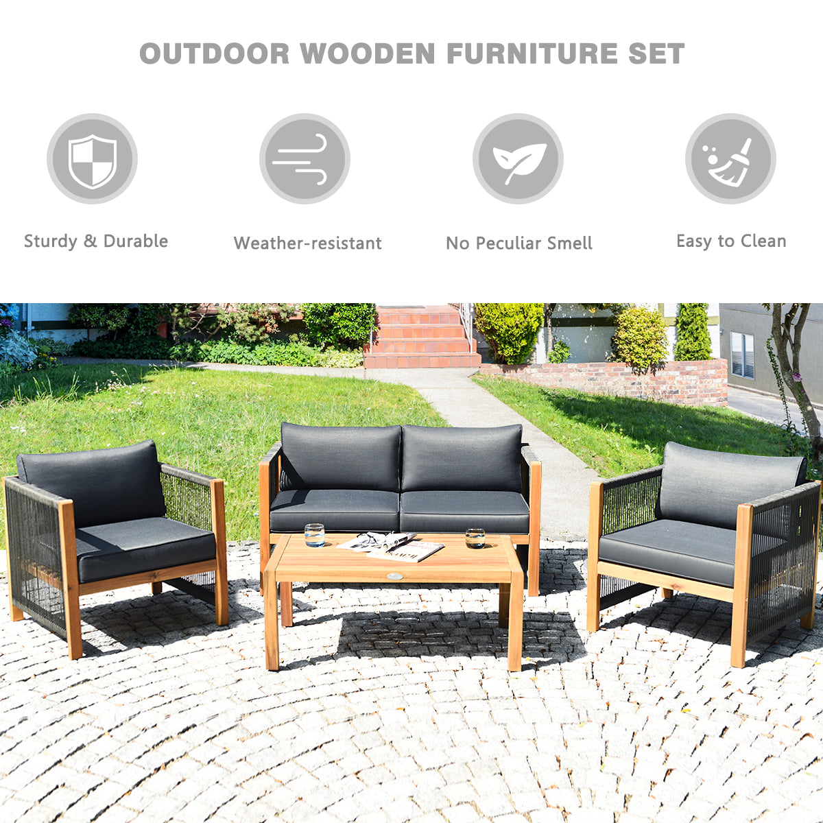 4 Pieces Acacia Wood Patio Conversation Set with Armrest