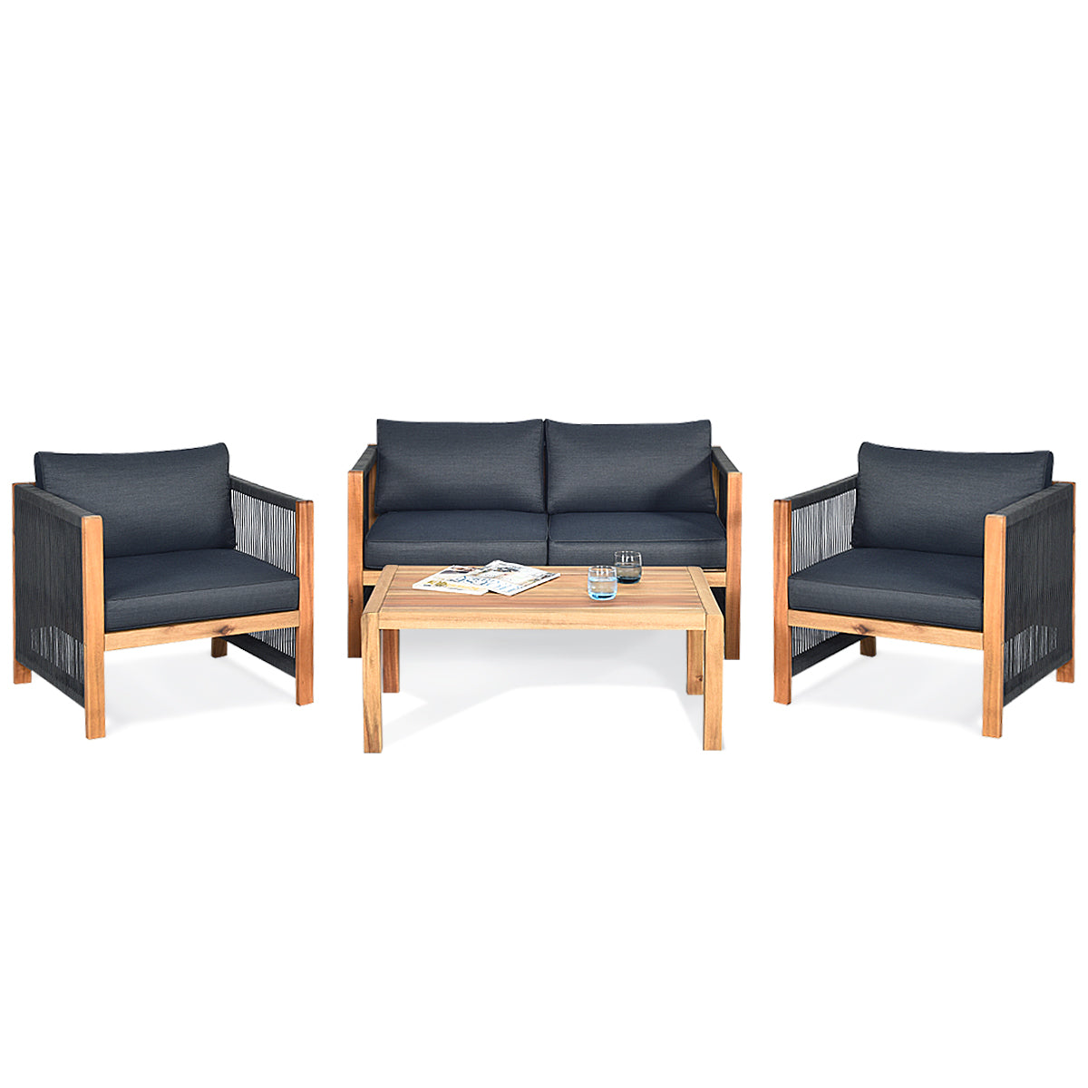 4 Pieces Acacia Wood Patio Conversation Set with Armrest