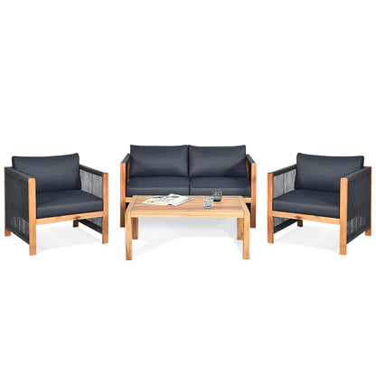 4 Pieces Acacia Wood Patio Conversation Set with Armrest