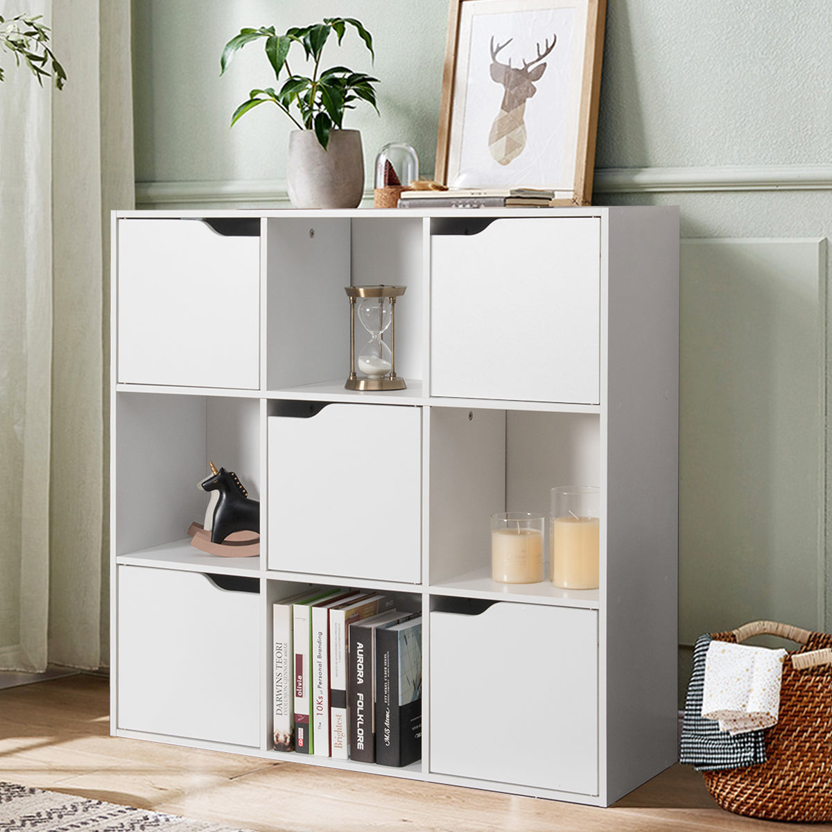 Cube Shelf with 9 Compartments and 5 Magnetic Doors-White