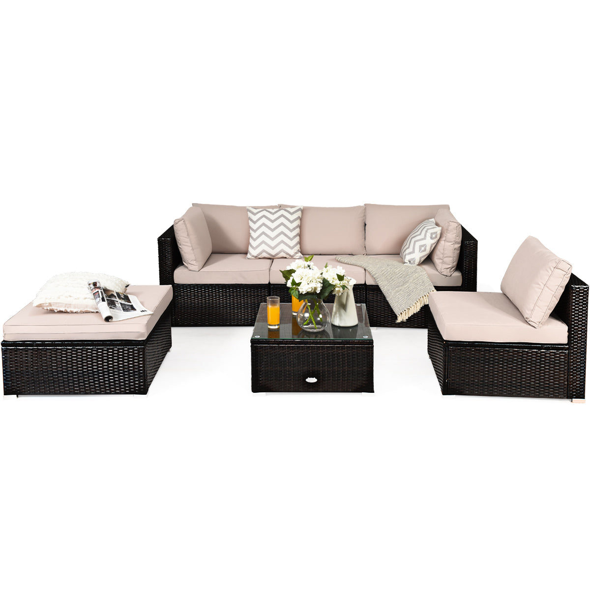 Aluminum foot pads protect the wicker base while improving stability and floor protection