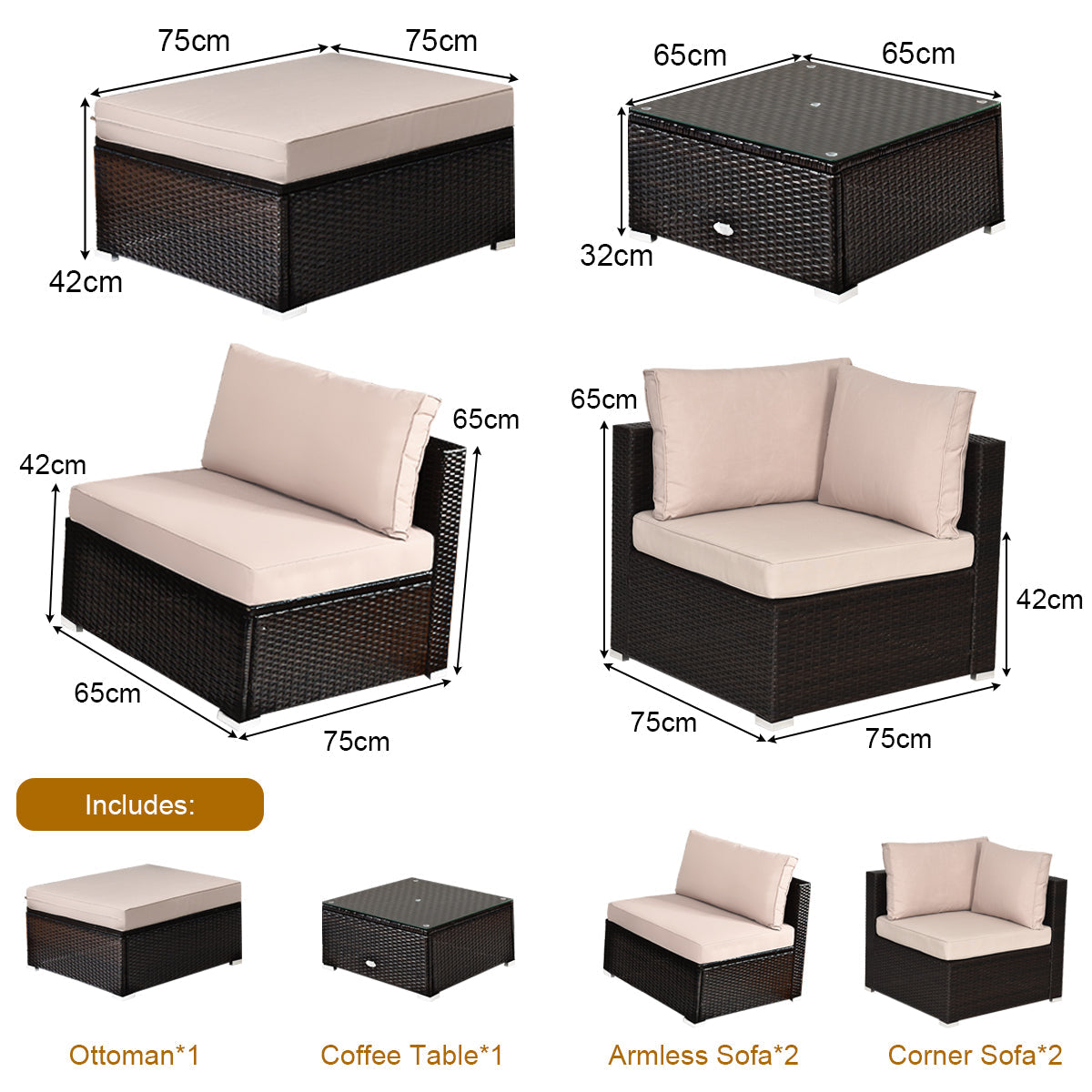 Six-piece rattan patio sofa set includes corner sofas, armless sofas, ottoman and coffee table