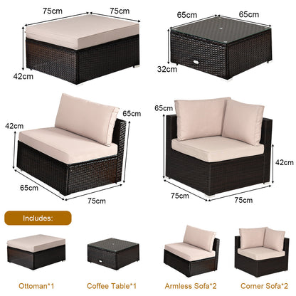 Six-piece rattan patio sofa set includes corner sofas, armless sofas, ottoman and coffee table