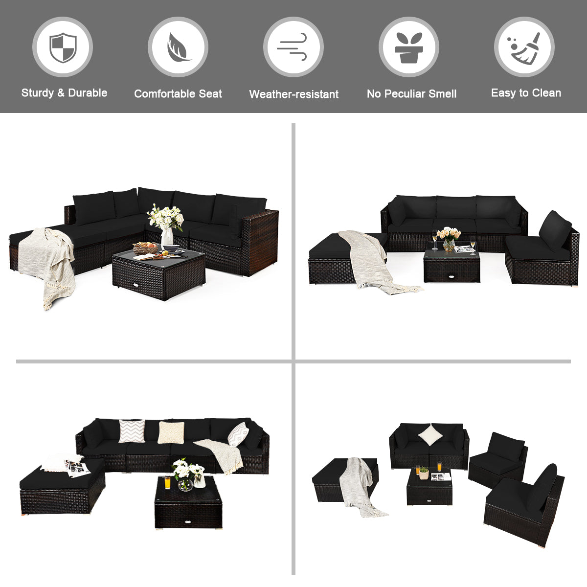 6-Piece Patio Rattan Sofa Set with Washable Cushion Cover for Backyard & Poolside Black