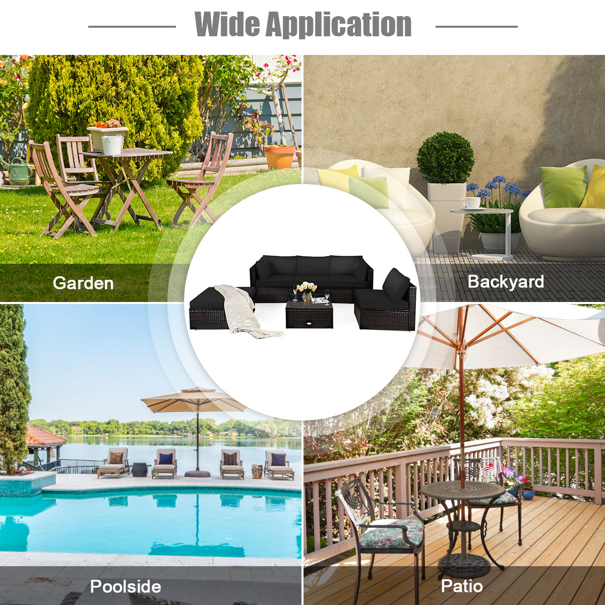 6-Piece Patio Rattan Sofa Set with Washable Cushion Cover for Backyard & Poolside Black