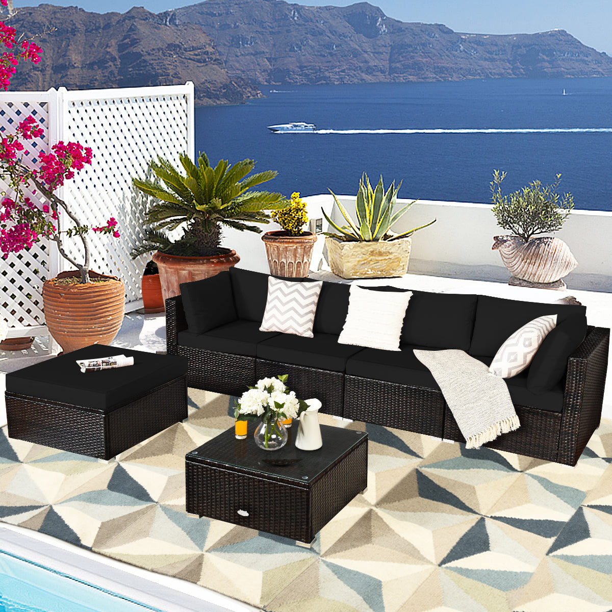 6-Piece Patio Rattan Sofa Set with Washable Cushion Cover for Backyard & Poolside Black