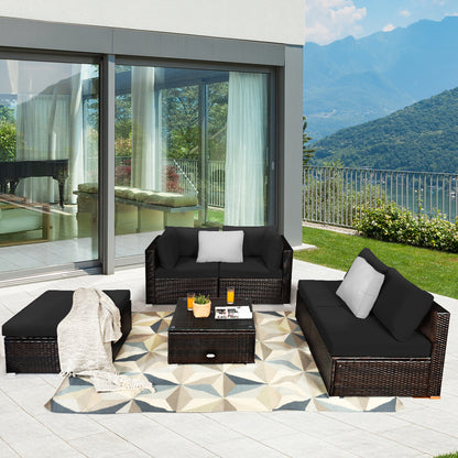 6-Piece Patio Rattan Sofa Set with Washable Cushion Cover for Backyard & Poolside Black