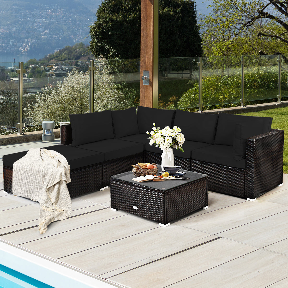 6-Piece Patio Rattan Sofa Set with Washable Cushion Cover for Backyard & Poolside Black