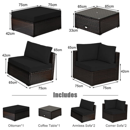6-Piece Patio Rattan Sofa Set with Washable Cushion Cover for Backyard & Poolside Black