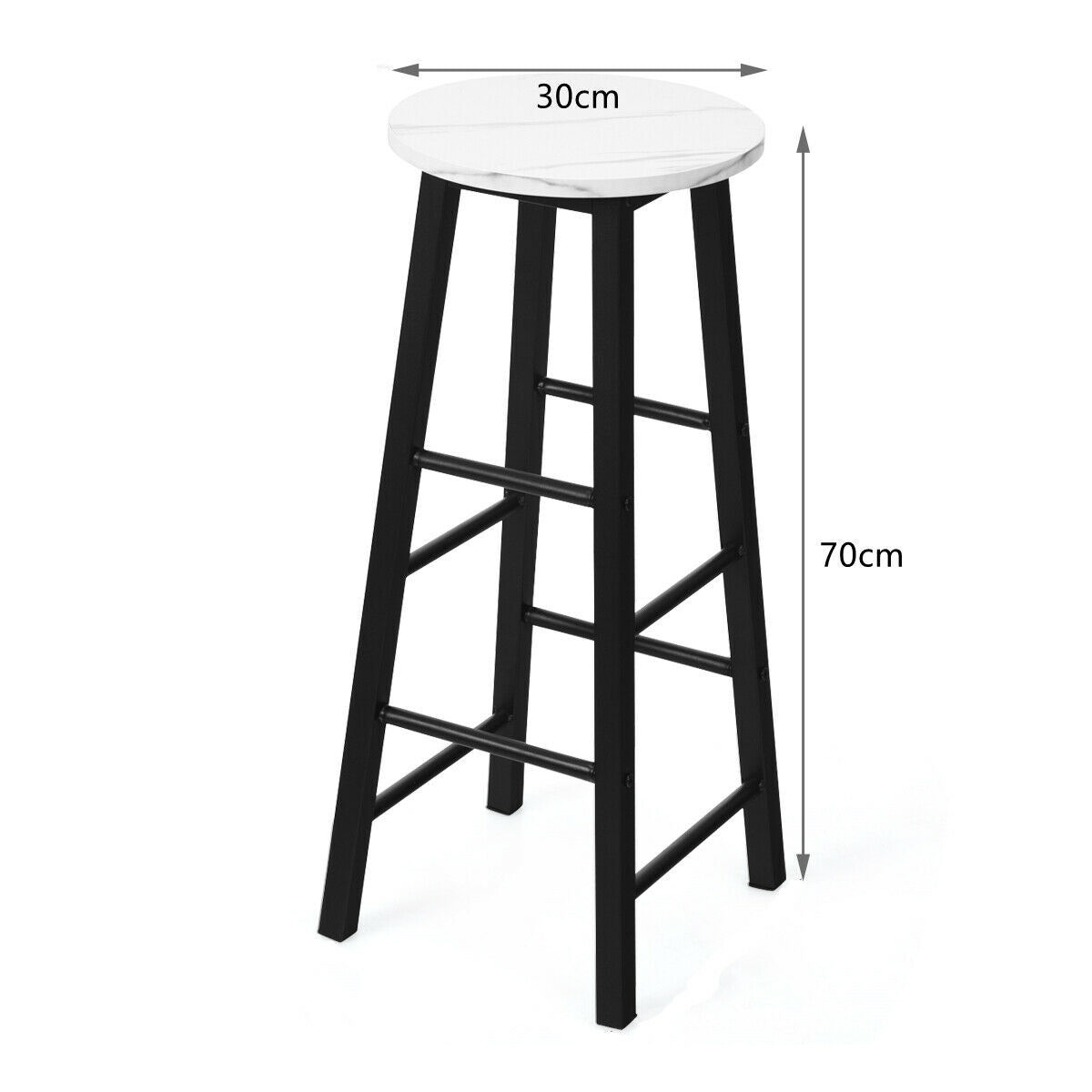 Set of two white and black pub-height bar stools with modern faux marble particleboard seats