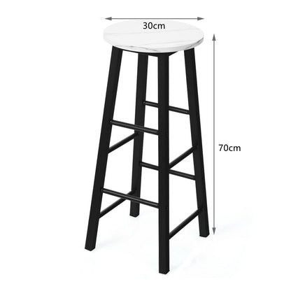 Set of two white and black pub-height bar stools with modern faux marble particleboard seats