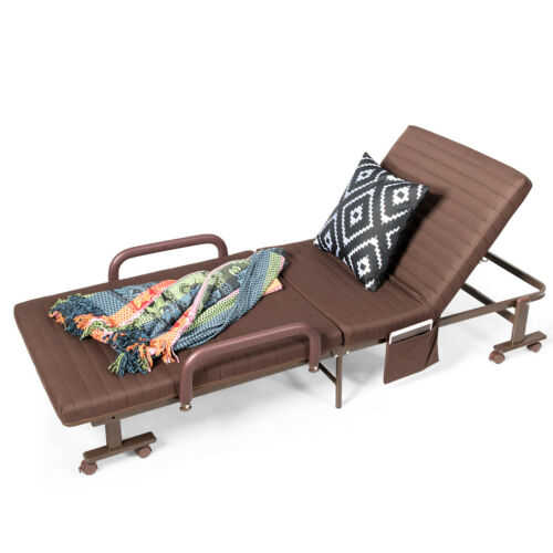 Costway Folding Single Guest Bed with Mattress &amp; Metal Frame-Coffee