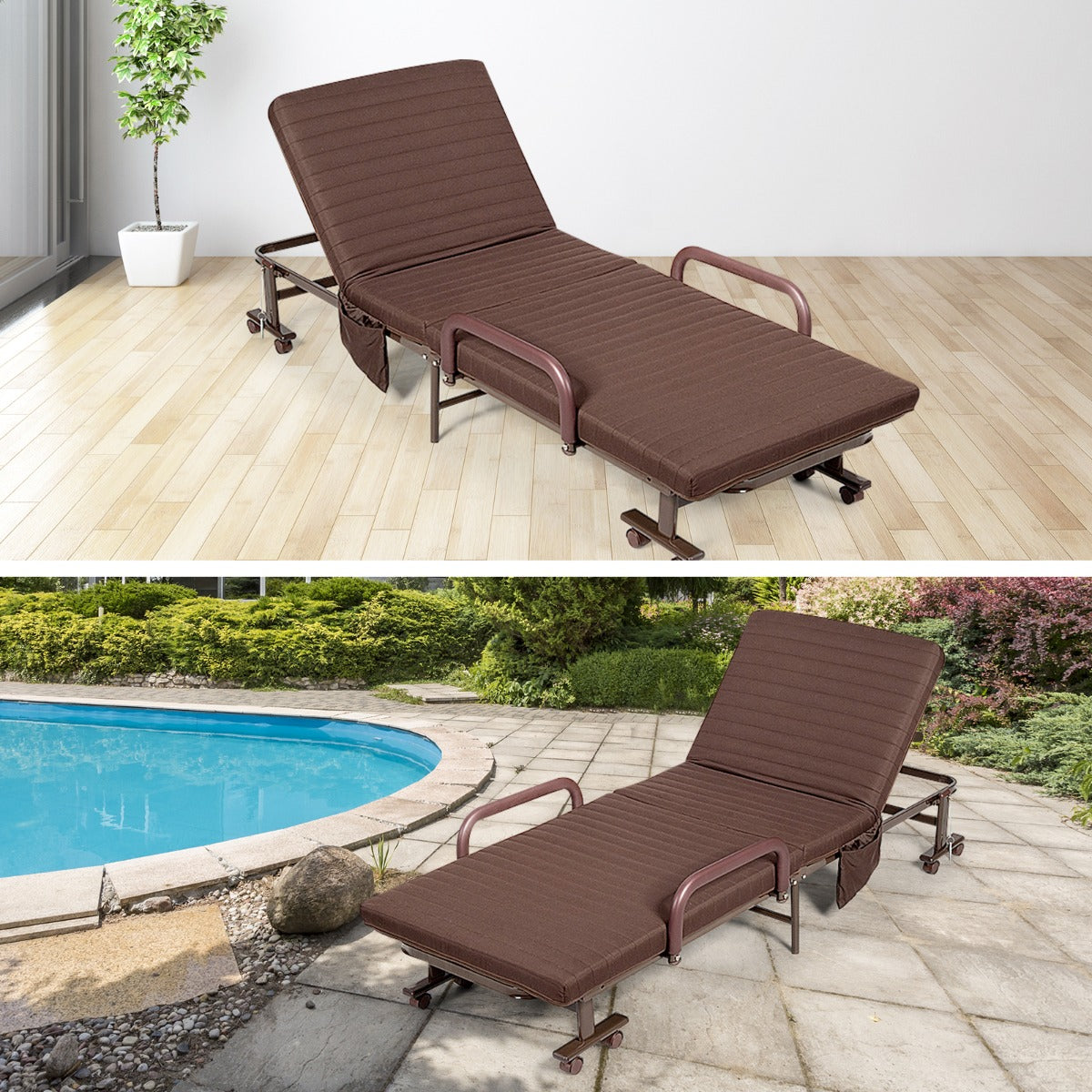 Folding guest bed with a convenient side pocket for books, remotes, phones, and daily essentials
