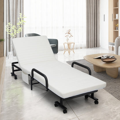 Costway Folding Single Guest Bed with Mattress &amp; Metal Frame-White